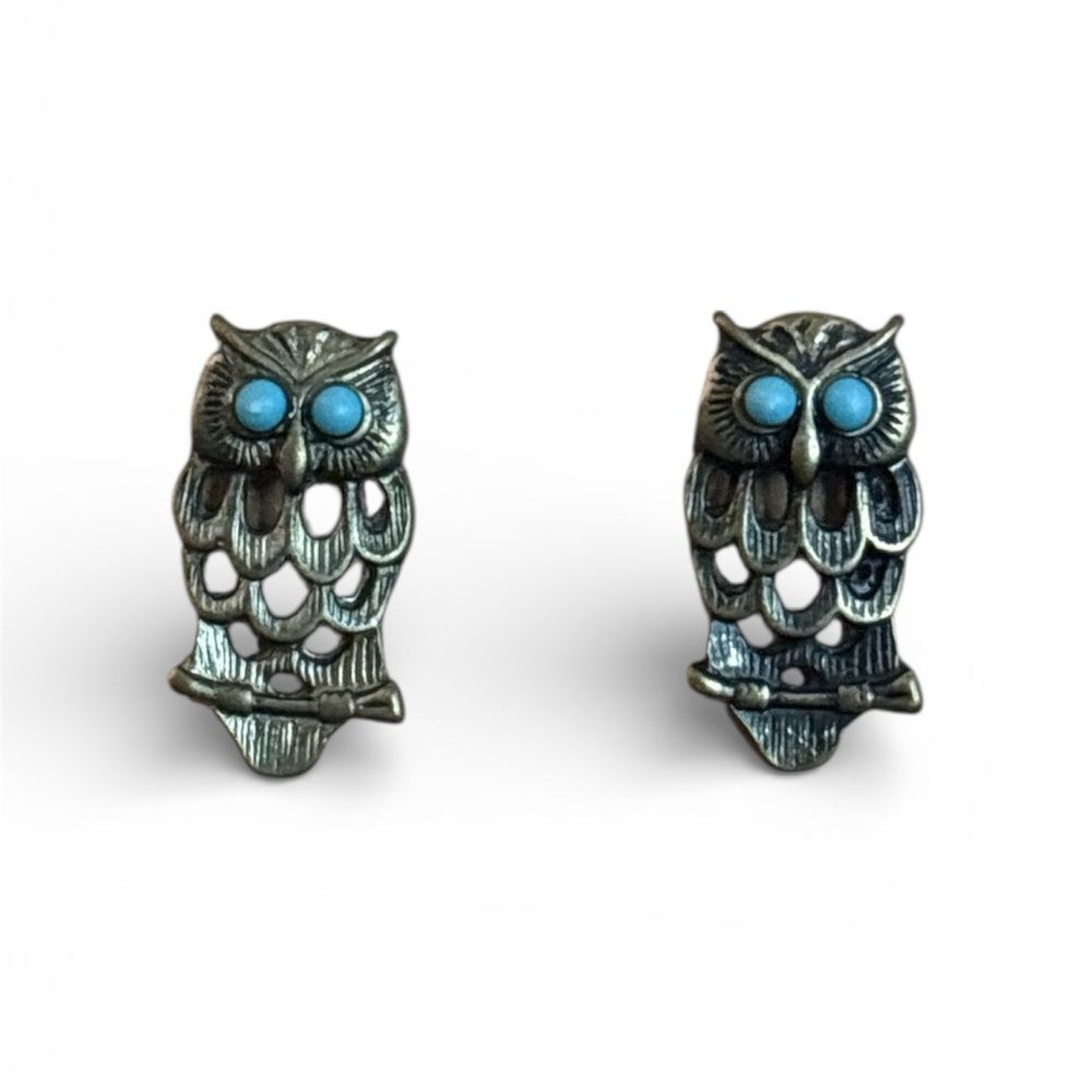 Vintage Gold Tone Owl Stud Earrings Blue Eyes Retro Boho EUC